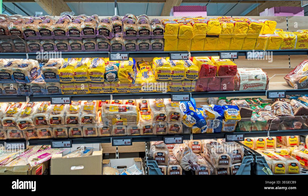 Regale mit verschiedenen Brotsorten, darunter Hovis und Brennans, in einem Lebensmittelgeschäft in Dublin, Irland. Stockfoto