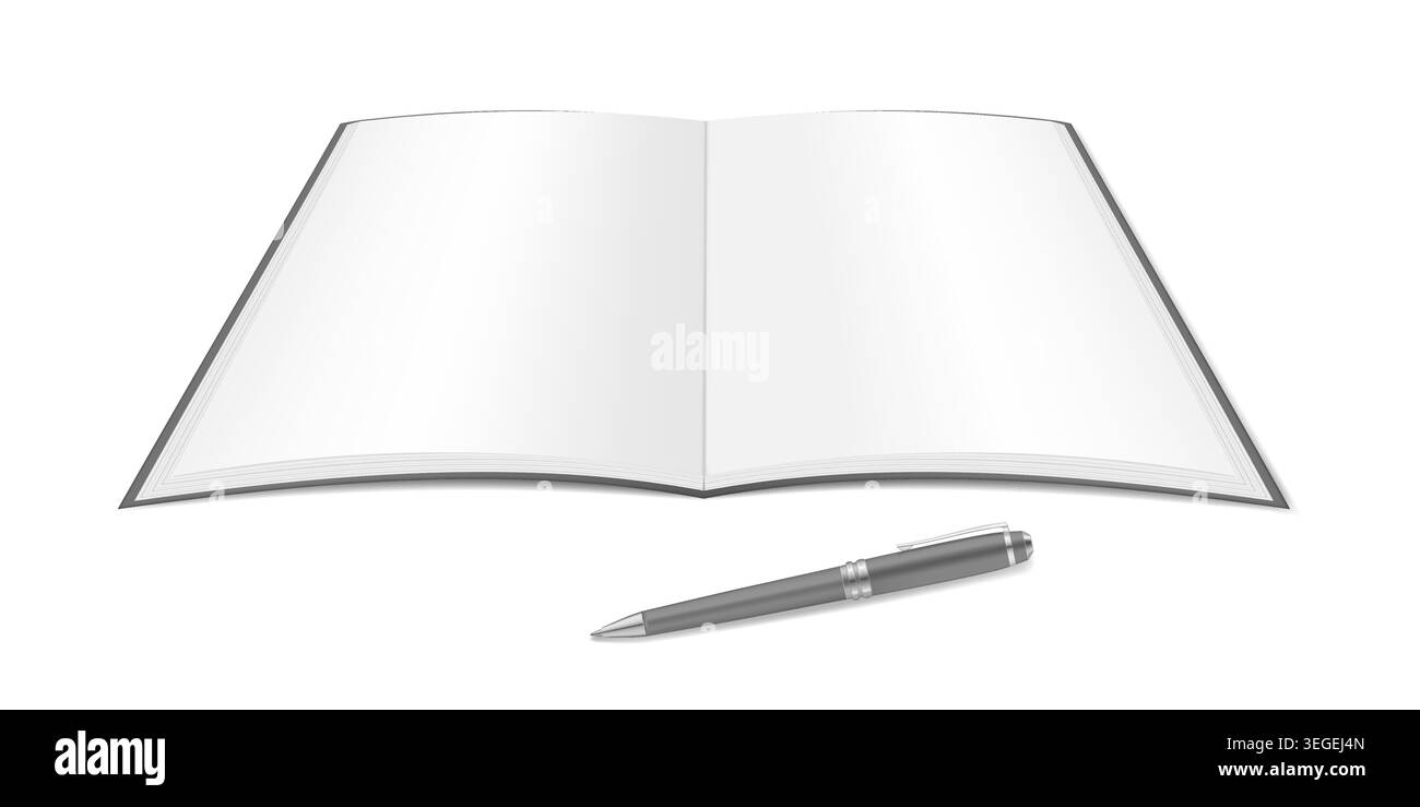 Offenes Notizbuch mit weißen leeren Seiten und Stift auf dem Tisch, realistische Vektorgrafik Stock Vektor