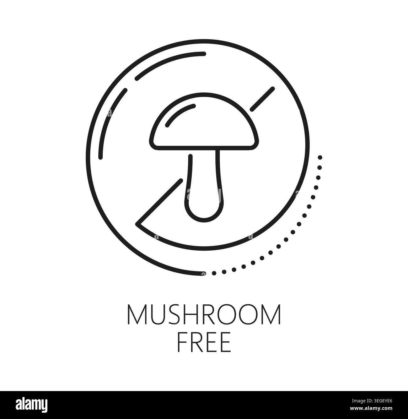 Minimalistisches allergenfreies Symbol des Pilzes im gekreuzten Kreis mit pilzfreiem Schriftzug auf weißem Hintergrund. Piktogramm für allergische Inhaltsstoffe für Etiketten von Lebensmittelverpackungen oder für das Design von Restaurantmenüs Stock Vektor
