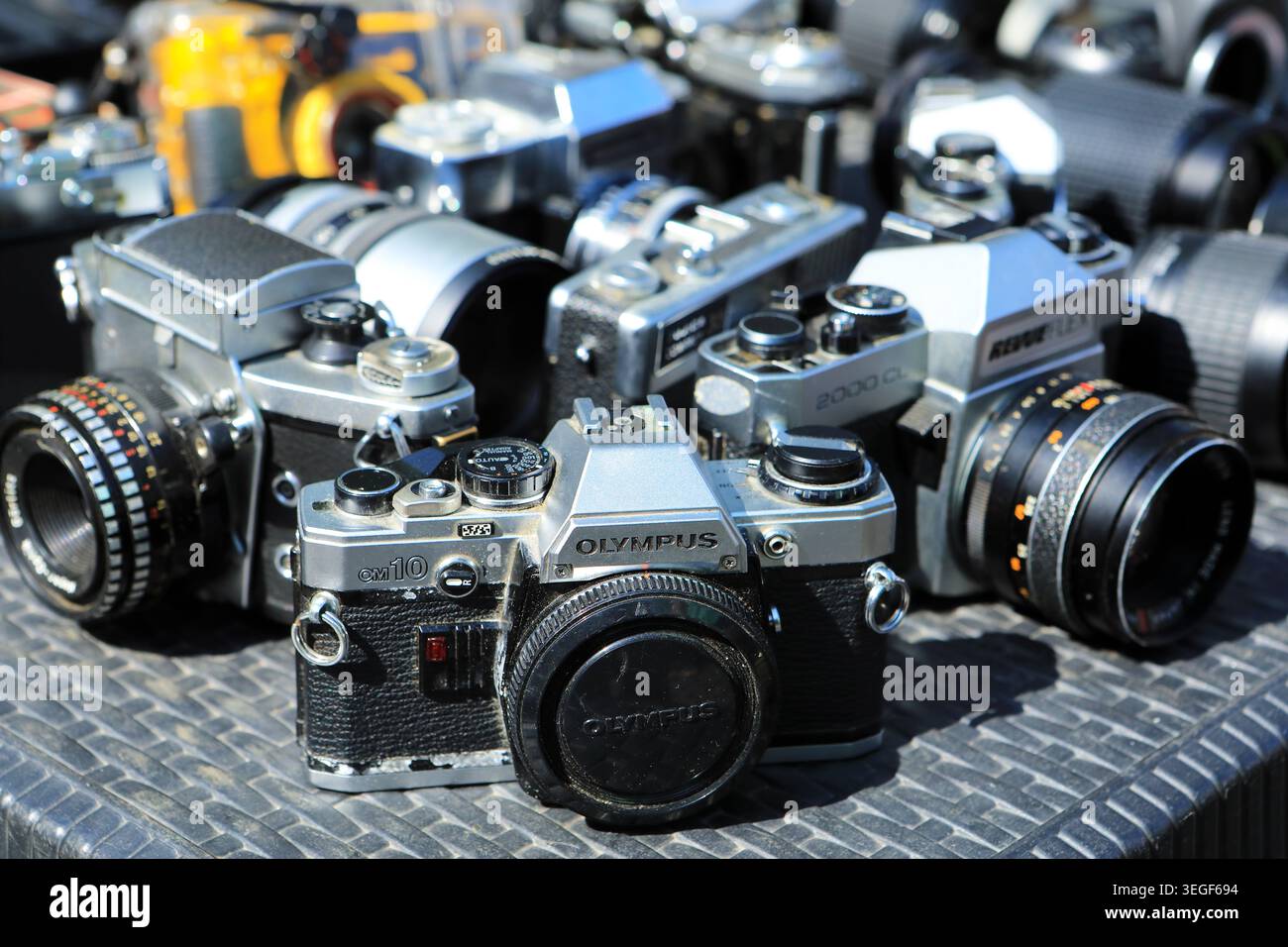 Alte Kameras zum Verkauf auf dem berühmten täglichen Flohmarkt am Place du Jeu de Balle, Brüssel, Belgien Stockfoto