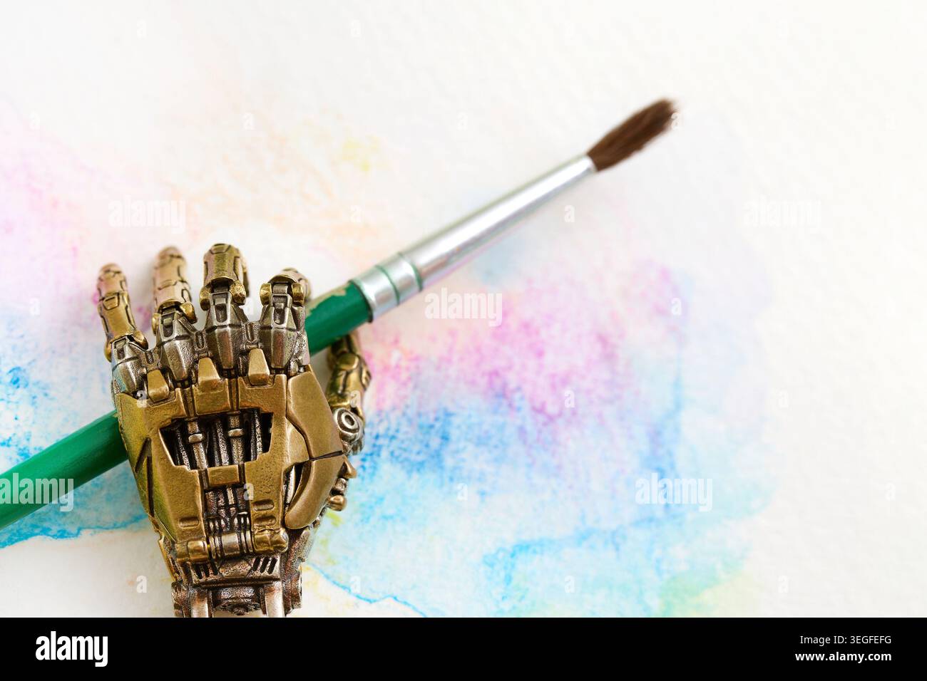 Roboterhandpinsel, der Aquarellkunst kreiert Stockfoto