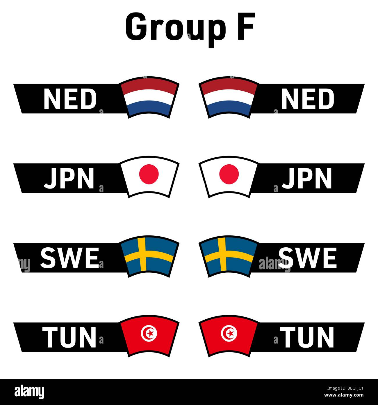 Nationalflaggen und Ländercodes teilnehmende Teams der Gruppe F Niederlande, Japan, Schweden und Tunesien, einsatzbereit für das Fußball-WM-Finale 2026 Stock Vektor