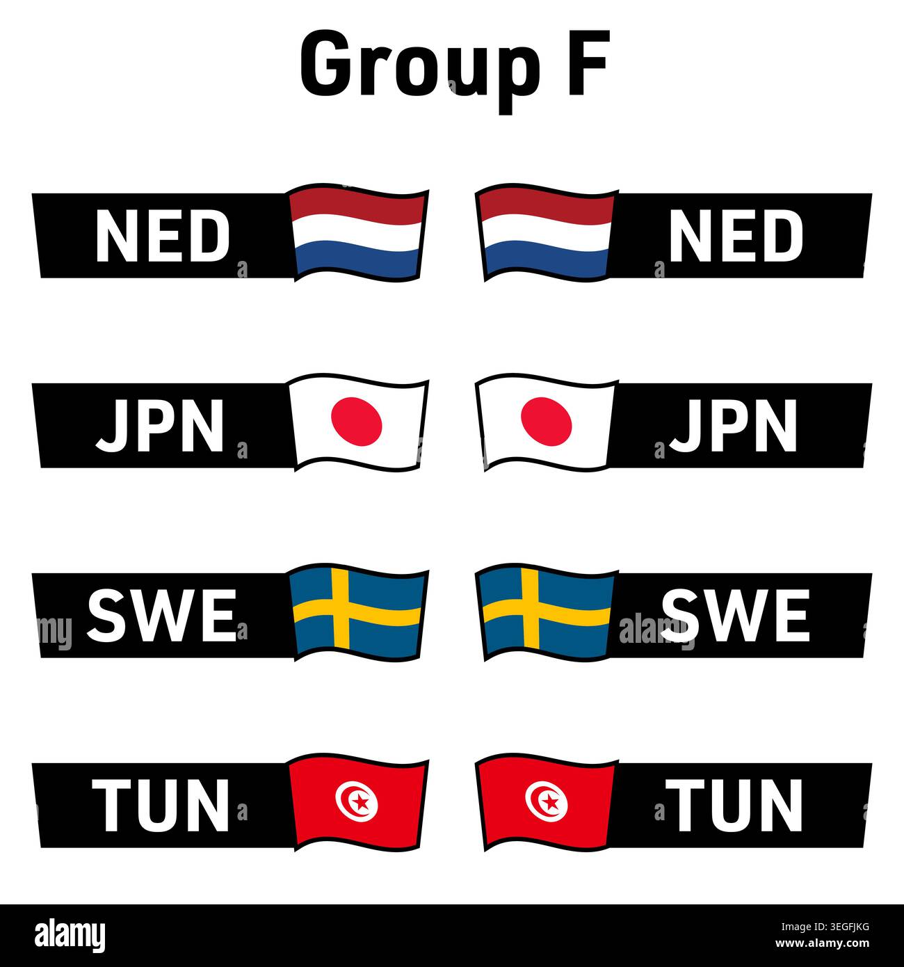 Nationalflaggen und Ländercodes teilnehmende Teams der Gruppe F Niederlande, Japan, Schweden und Tunesien, einsatzbereit für das Fußball-WM-Finale 2026 Stock Vektor