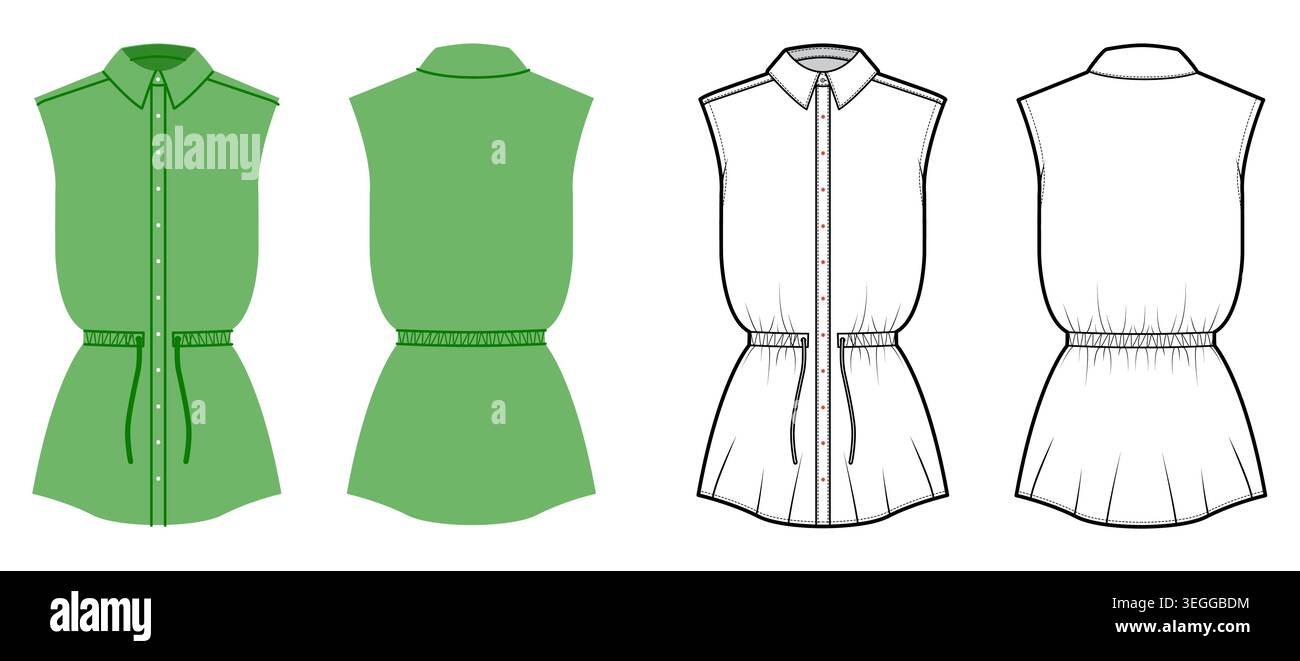 Ärmelloses Hemdkleid mit Knopfverschluss, klassischem Kragen, lockerer Silhouette, leichter Struktur und klaren minimalen Linien. Illustration der technischen Mode in schwarz-weiß, Vorderansicht hinten. Vektor Stock Vektor