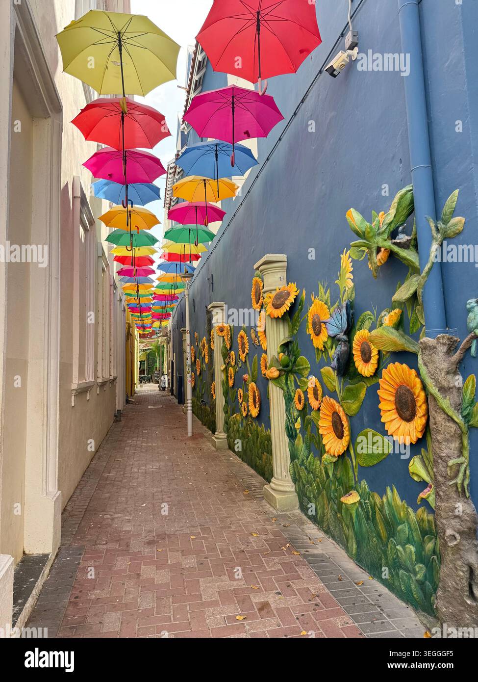 Eine bezaubernde, enge Gasse mit einem Baldachin aus bunten Regenschirmen und einem Wandgemälde mit Sonnenblumen in Willemstad, Curacao. - Smartphone-aufgenommenes Stockfoto