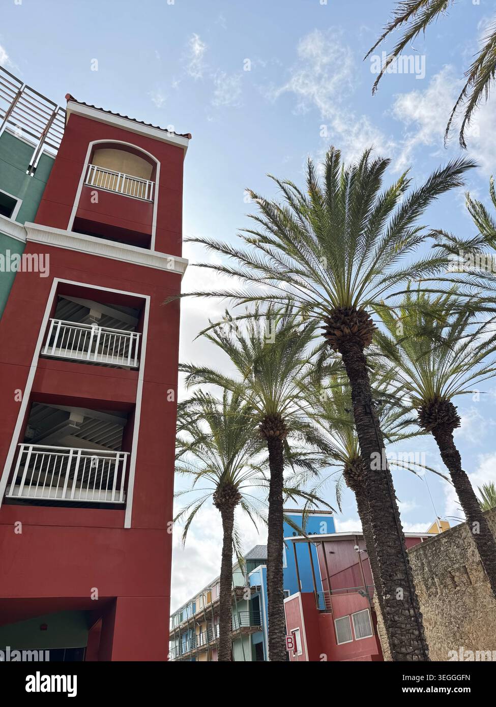 Traditionelle farbenfrohe niederländische Kolonialarchitektur und hohe Palmen vor blauem Himmel im Zentrum von Willemstad, Curacao. - Smartphone-aufgenommenes Stockfoto