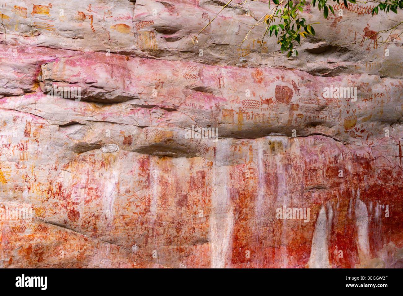Lebendige Felskunst auf den Klippen des Cerro Azul mit komplizierten Designs und Erdtönen. Stockfoto