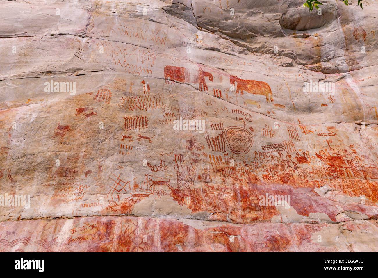 Antike Felskunst mit Tieren und geometrischen Designs auf einer verwitterten Felsoberfläche. Stockfoto
