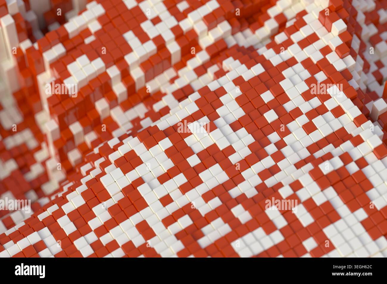 Horizontale 3D-Abbildung von oben, die eine rote und weiße Voxelmosaikfläche mit gepixelter geometrischer Textur zeigt. Stockfoto