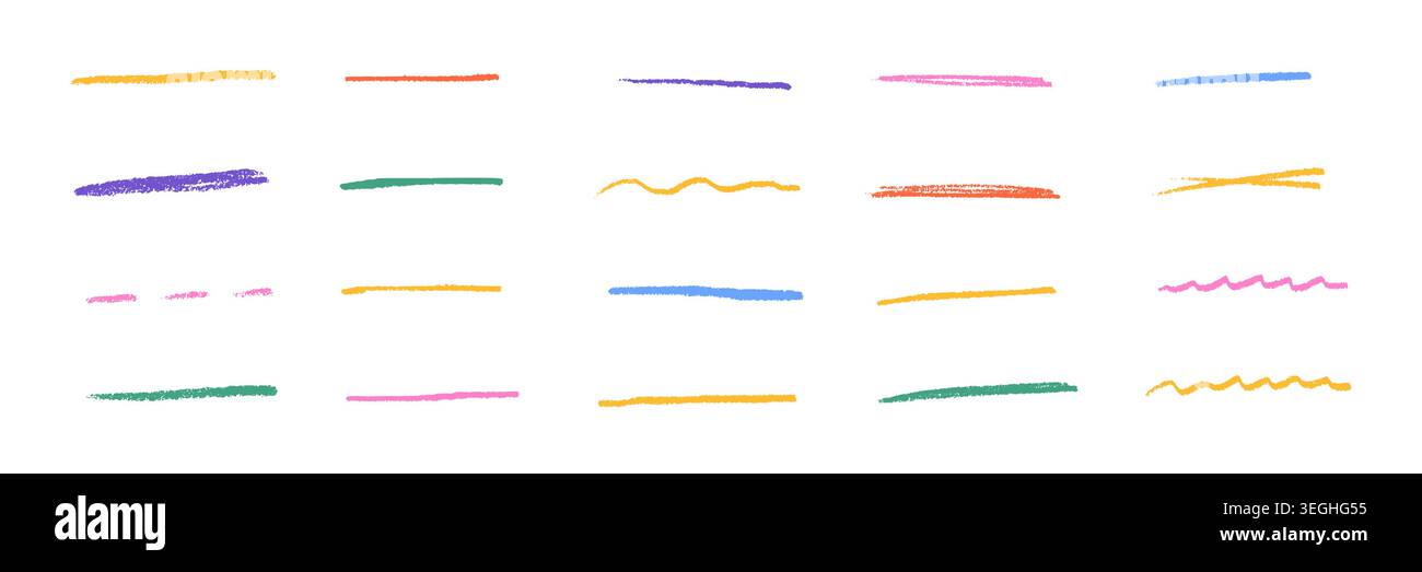 Bunte Buntstift-Schriftzüge auf weißem Hintergrund. Handgezeichnete Markierungsstriche, unterstrichene Elemente skizzieren und pastellfarbene Pinsel für Notizen, Banner und kreatives Design. Stock Vektor