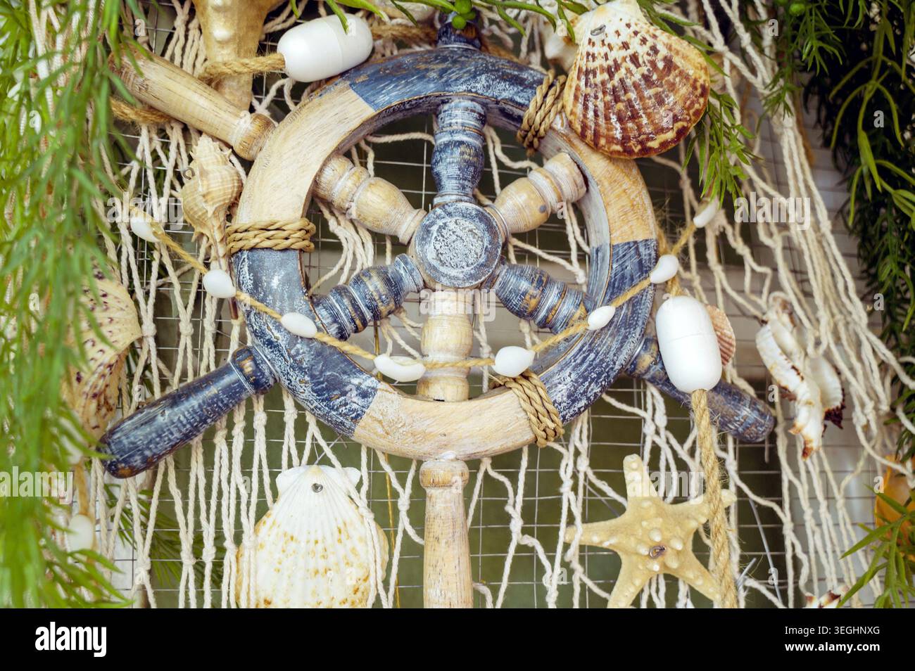 Einrichtung im nautischen Stil mit Holzruder, Muscheln und Fischernetz. Die Elemente sind an einer Holzwand. Konzept des Küstenlebens und der Meeresforschung Stockfoto