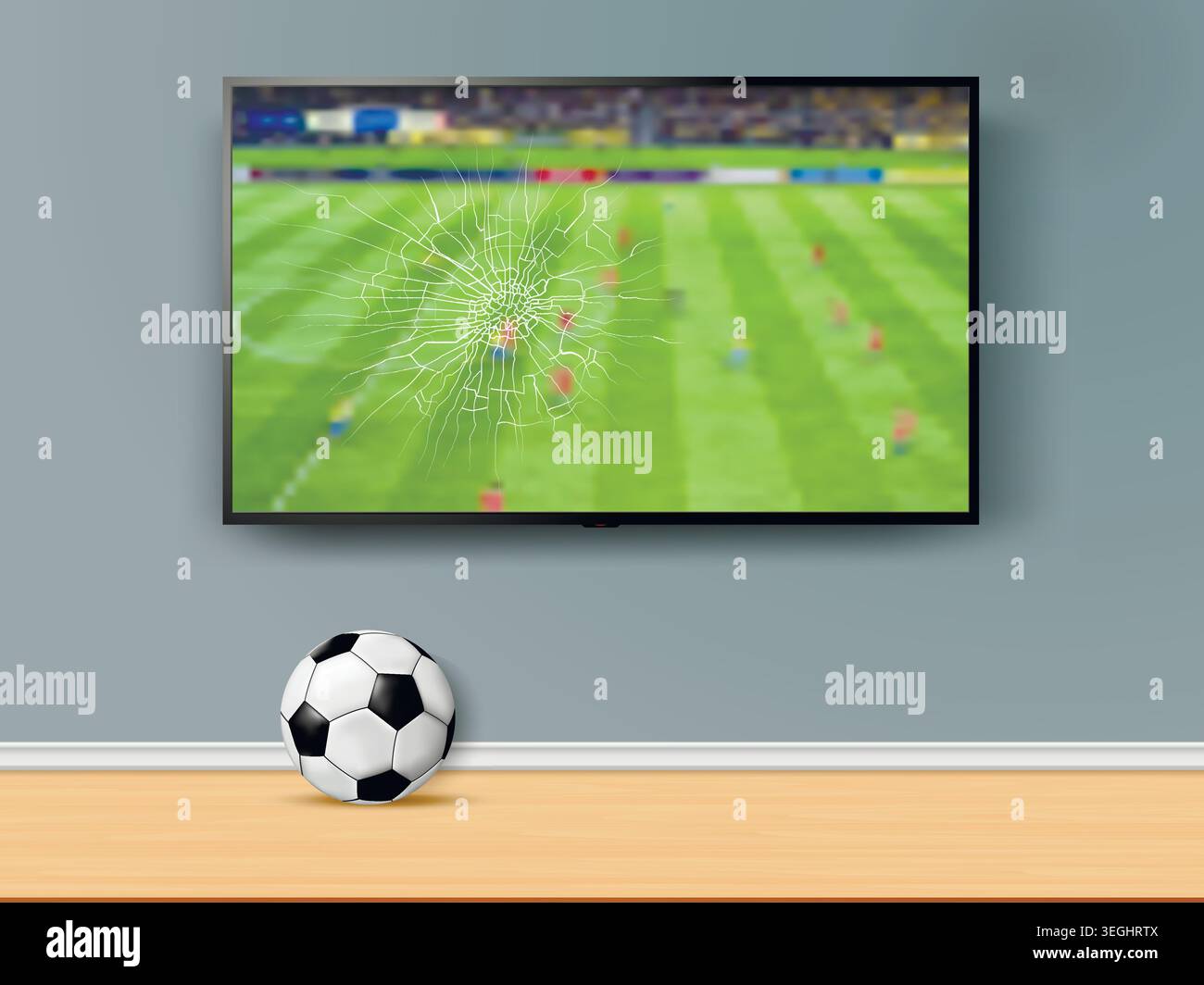 TV-Bildschirm, der von einem Fußball mit einer Fußballsendung zertrümmert wurde. Vektorabbildung. Stock Vektor