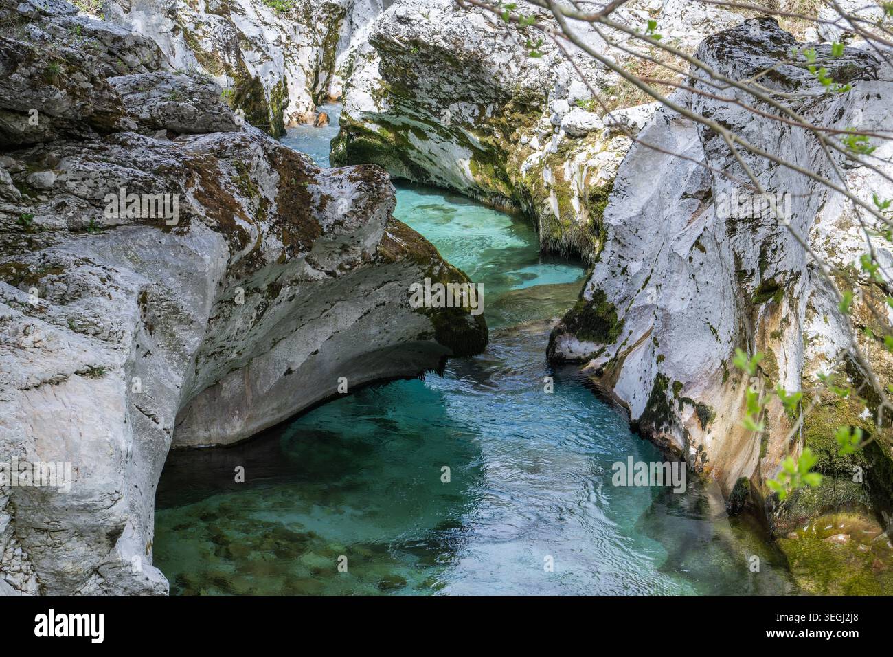 Der Fluss Soca in Slowenien fließt durch glatte Felsen in Slowenien. Klares Wasser reflektiert die umliegenden Steine. Die Einstellung zeigt eine natürliche Szene mit Uni Stockfoto