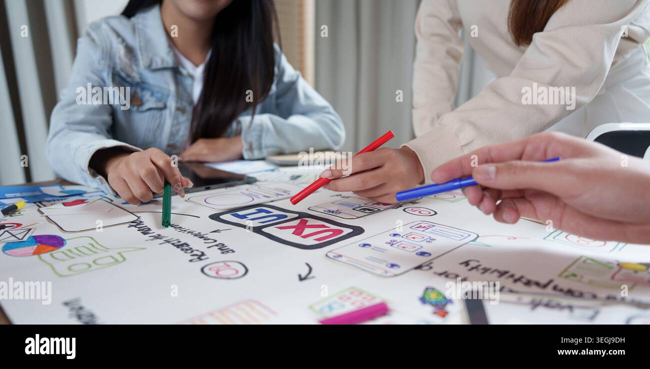 Asiatische UX-UI-Designer arbeiten im Büro an einem Entwicklungsplan für mobile Anwendungen zusammen. Stockfoto