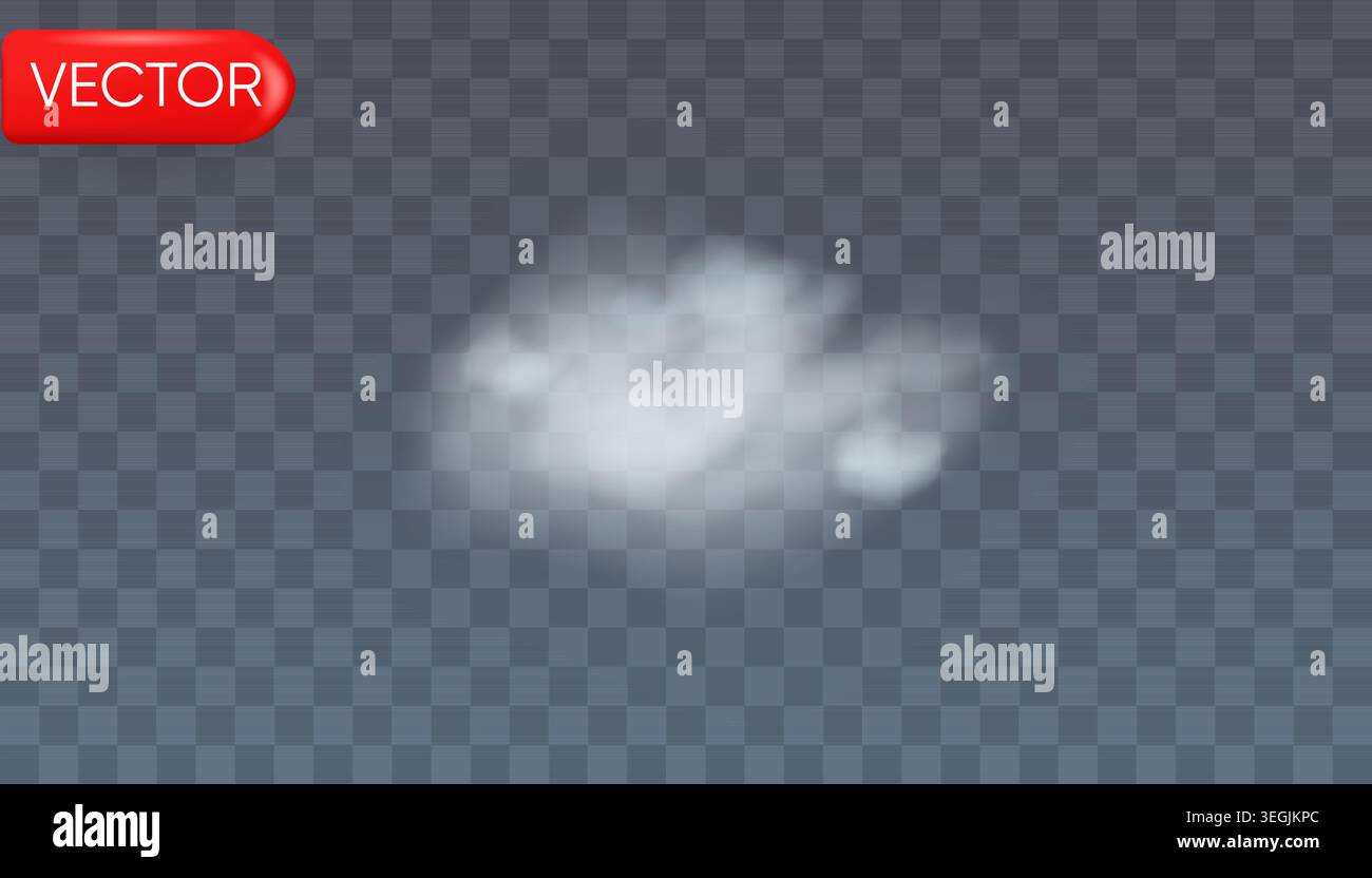Realistische, weiße, volumetrische 3D-Wolkenüberlagerung isoliert auf transparentem Hintergrund mit weicher atmosphärischer Textur. Stock Vektor