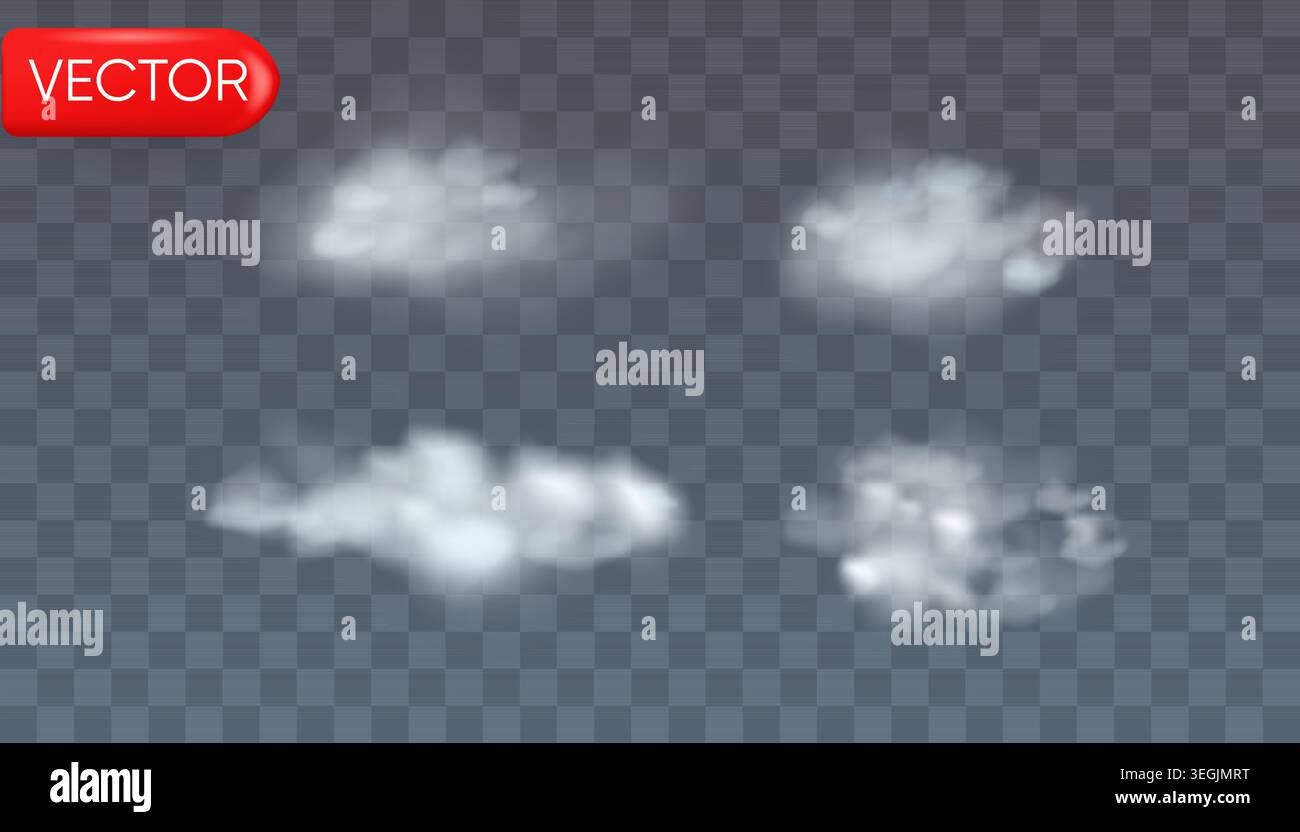 Realistische 3D-Überlagerung mit weißer Wolke isoliert auf transparentem Hintergrund mit weichem flauschigem atmosphärischem Effekt. Stock Vektor