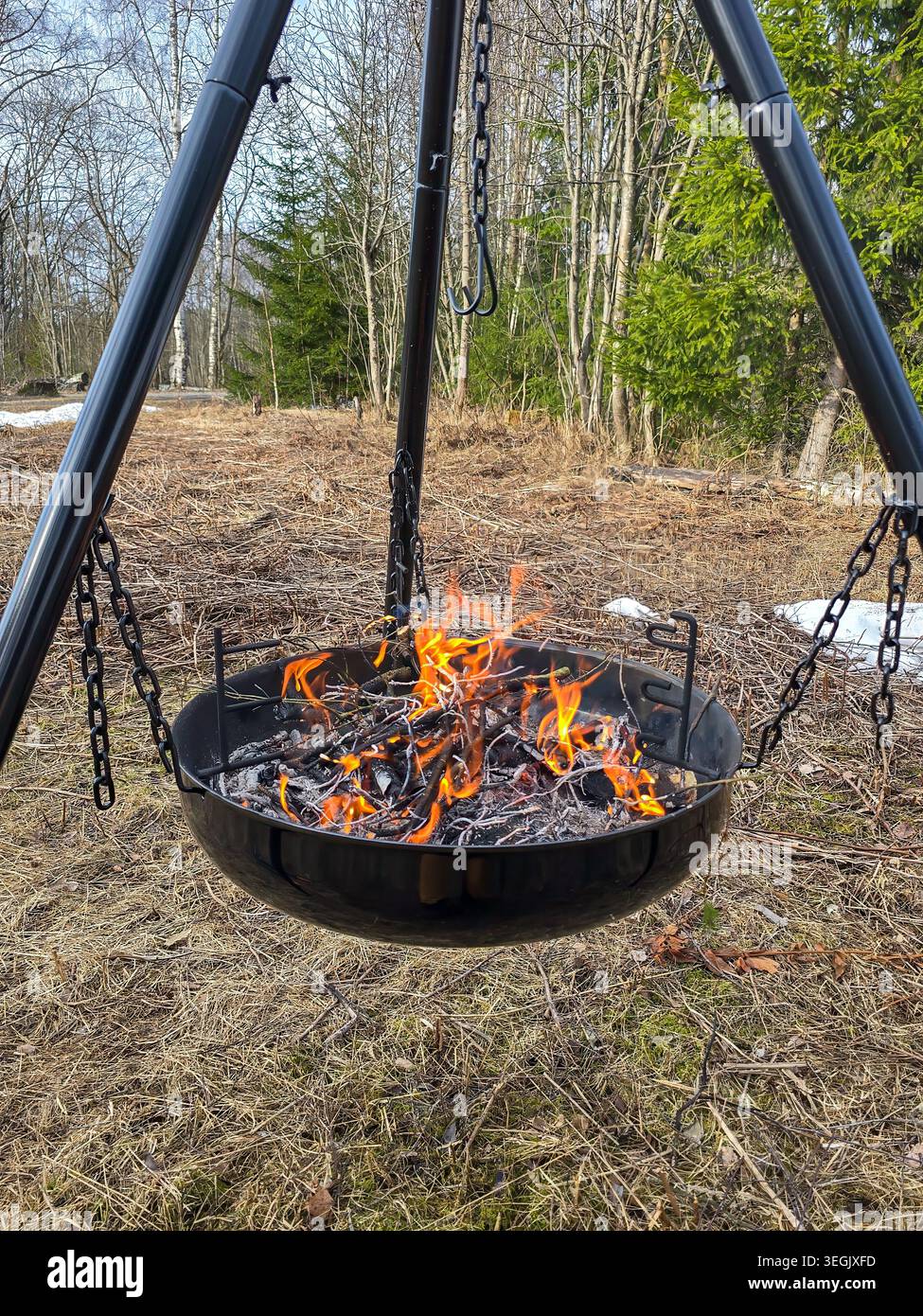 Feuerstelle im Freien mit brennendem Holz, das im Frühjahr in einer schwarzen hängenden Feuerschüssel in der skandinavischen Landschaft aufgehängt wird Stockfoto