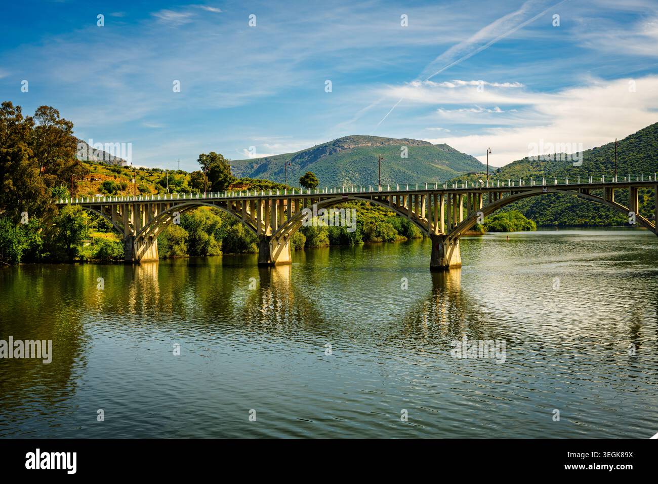 Eine anmutige Bogenbrücke überspannt das ruhige Wasser des Flusses Douro, umgeben von sanften grünen Hügeln und friedlicher Landschaft. B Stockfoto
