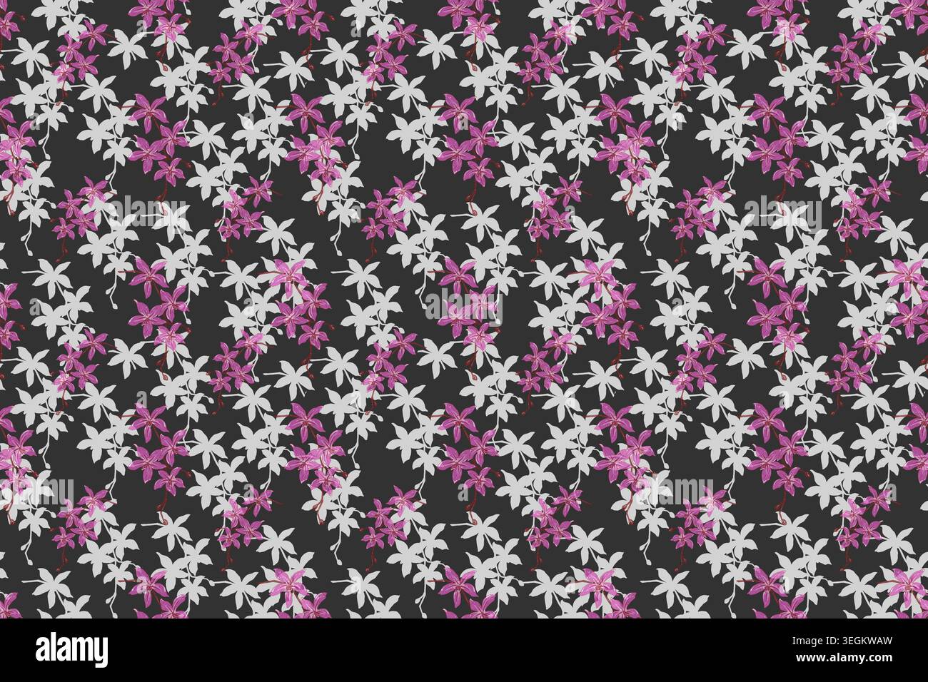 Tropisches nahtloses Muster mit rosafarbenen Orchideen, Hibiskus, Plumeria und Monsterablättern. Handgezeichneter floraler Hintergrund. Design für Verpackungen und Textilien. Stockfoto