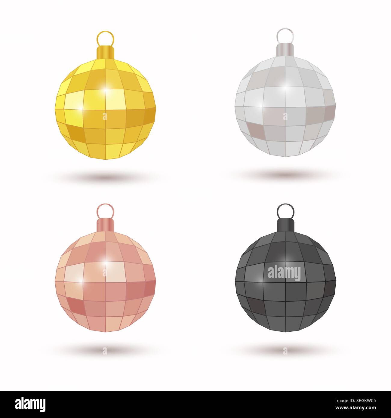 Weihnachtliches Disco-Ball-Set, isoliert mit Glitzern. Golden, Silber, Pink und Schwarz. Vektordesign. Stock Vektor