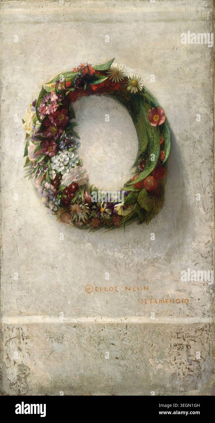 Historische Illustration des Blumenkranzes von John La Farge, gemalt 1866, die eine zarte kreisförmige Anordnung aus bunten Blüten und Laub vor einem weich strukturierten Hintergrund in einer raffinierten dekorativen Blumenkomposition darstellt Stockfoto