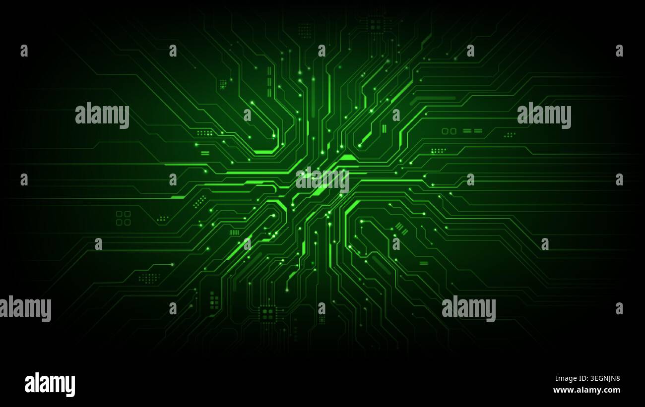 Grüner Hintergrund leuchtende Schaltkreise, digitales Motherboard-Muster Stock Vektor