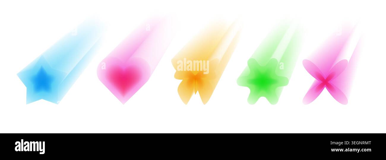 Y2K-Aura-Formen isoliert auf weißem Hintergrund. Vektor-realistische Illustration von Neonherzen, Blume, Stern, Schmetterlingssymbolen mit weichen Farbverlaufseffekten, traumhafter Ästhetik, verschwommenen Designelementen Stock Vektor