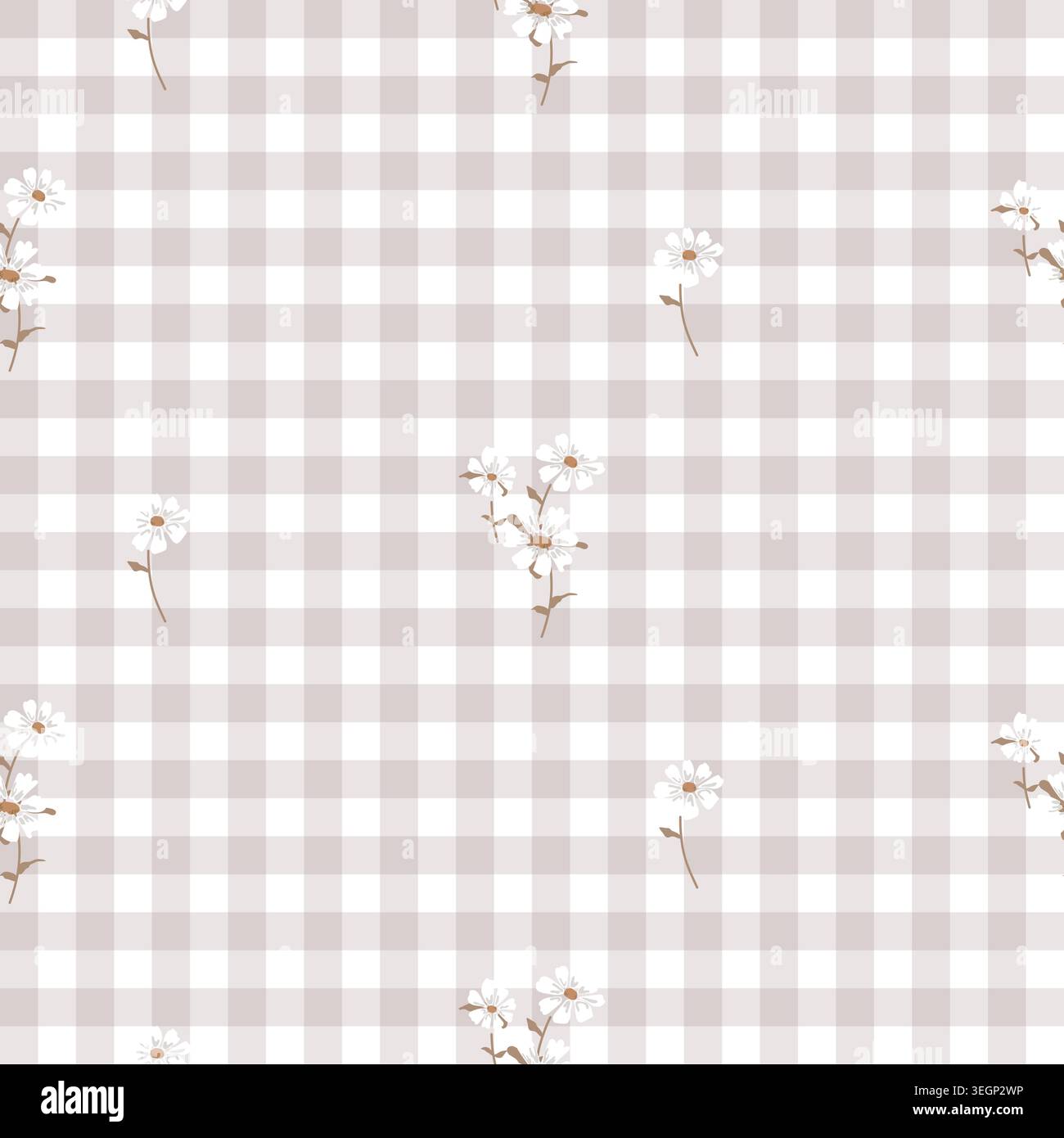 Nahtloses Gingham-Blumenmuster. Weiche beige Tapete mit Schottenkaro. Retro-Tischdecke. Schlichtes, kleines Karomuster. Zum Umwickeln drucken Stock Vektor