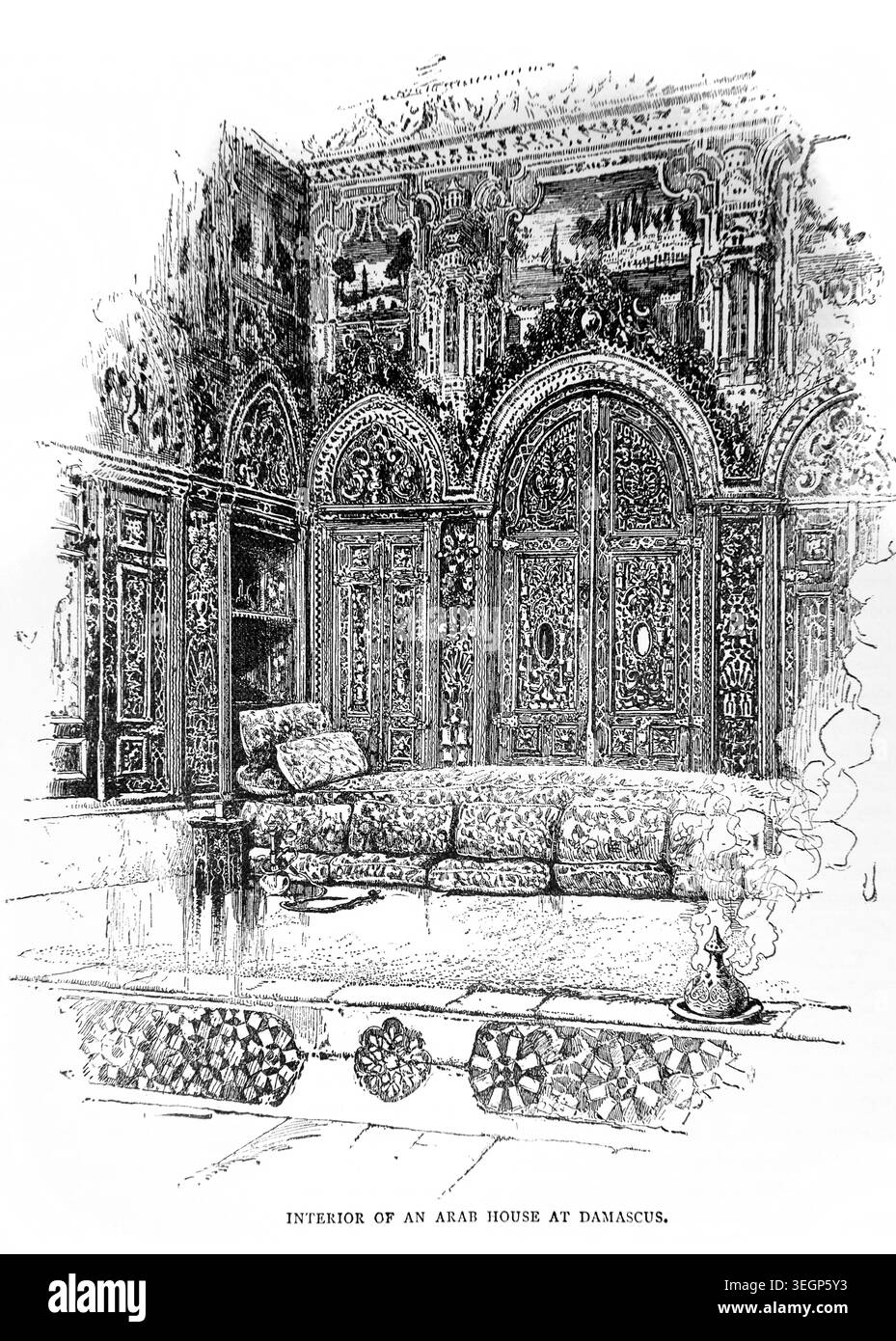 Historische Holzgravierung eines arabischen Hauses in Damaskus aus dem antiken Buch Palästina aus dem 19. Jahrhundert Vergangenheit und Gegenwart Bildmaterial und Beschreibungen zusammengestellt A Stockfoto