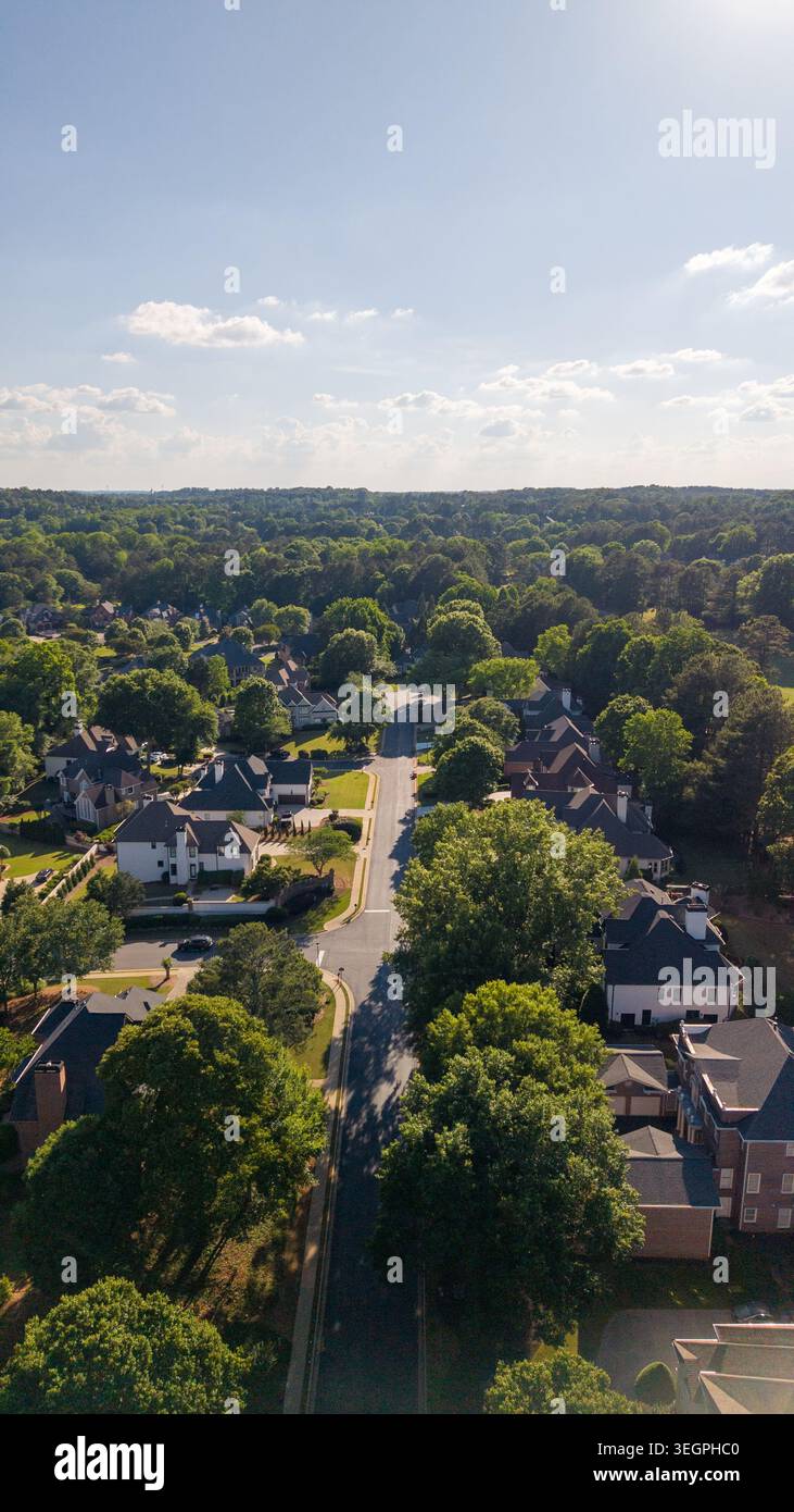 Blick aus der Vogelperspektive auf luxuriöse Vorstadthäuser in einer gehobenen Unterteilung, umgeben von üppigen grünen Bäumen in Vororten der USA Stockfoto