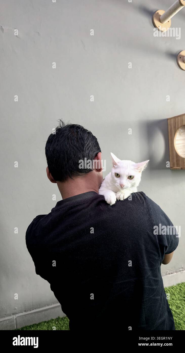 ein Mann umarmt eine weiße Katze auf dem Spielplatz Stockfoto