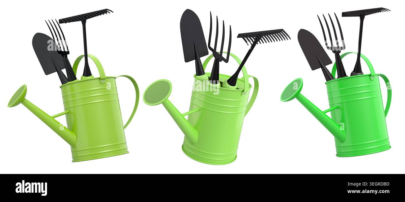 Gartenwerkzeuge wie Schaufel, Gabel und Rechen in Gießkannen, isoliert auf weißem Gartenkonzept. Stockfoto