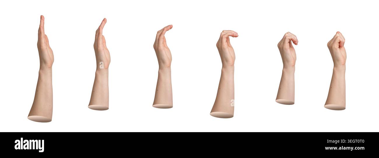 Set mit Gestenstufen der menschlichen Hand, isoliert auf weißem Hintergrund. Mehrere Armpositionen mit progressiver Fingerbewegung. Gesten-Sammlung Stockfoto