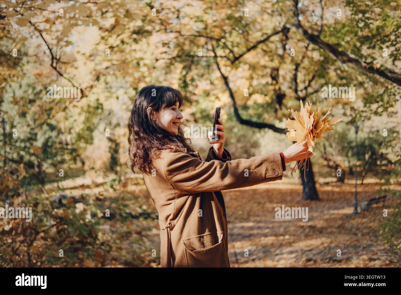 Person fotografiert gelbe Herbstblätter mit Smartphone im sonnigen Park. Fotografieren mit Smartphone, mobiles Fotografieren im Freien, weibliche Inhalte Stockfoto