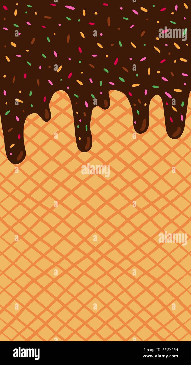 Schmelzendes Schokoladen-Vektor-Eis mit Zuckerstreuseln und Waffelkegelmuster, vertikaler Sommerhintergrund für Produkt- und Verpackungsdesign Stock Vektor