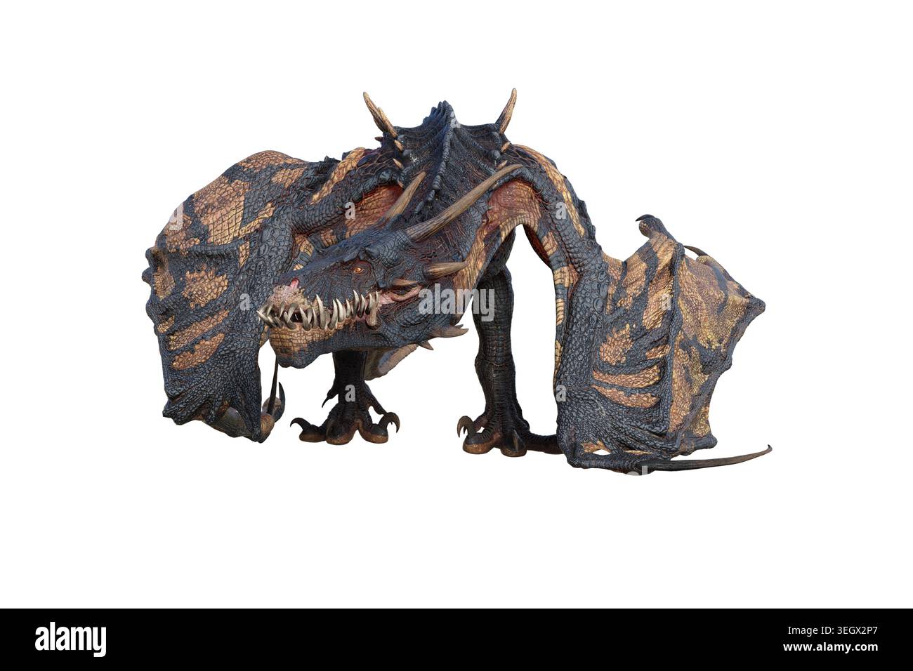 Wyvern oder Dragon Fantasy-Kreatur stehend und starrend mit gefalteten Flügeln. 3D-Illustration isoliert auf weiß. Stockfoto
