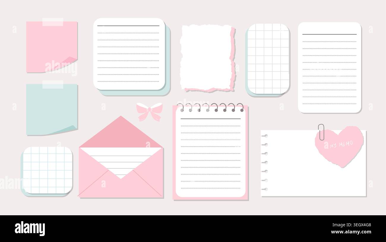 Rosafarbenes Klebepapier für Blogs, Notizen oder Erinnerungen. MEMO-Schreibwaren in Pastellfarben. Leeres Tagebuch für Journal oder Erinnerung. Stock Vektor