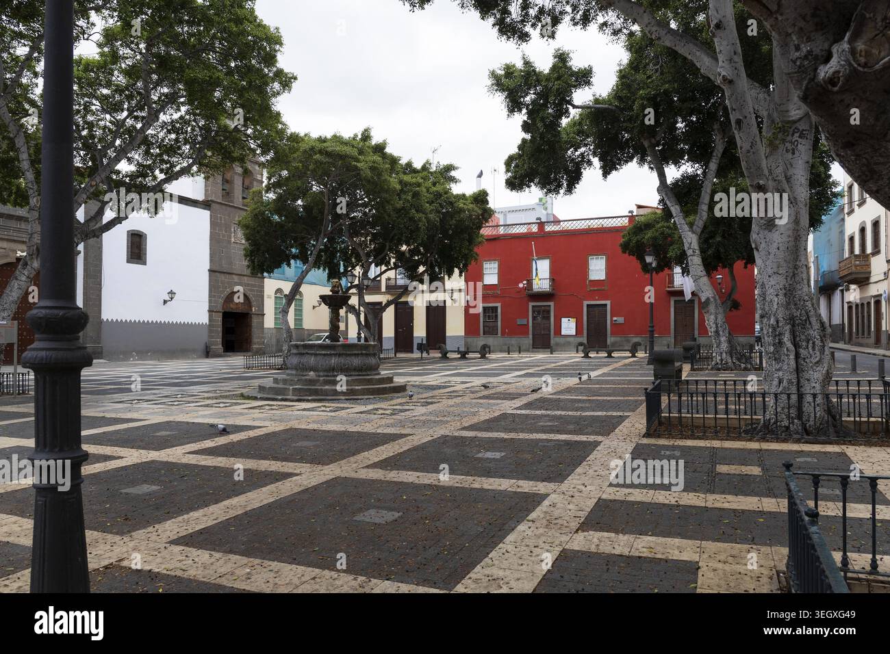 Ruhiger Stadtplatz mit historischen Gebäuden und großen Bäumen in Las Palmas de Gran Canaria, Spanien. Stockfoto