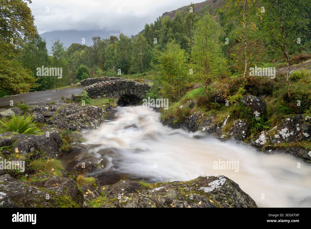 Ashness Bridge, eine alte Packhorse Bridge, die im Herbst Borrow Beck überquert, oberhalb von Derwent Water im Borrowdale Valley, nahe Keswick, Cumbria, Großbritannien Stockfoto