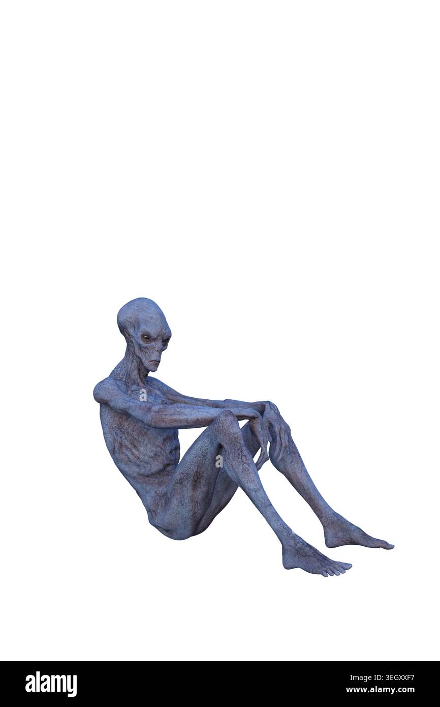 Blaugraue Alien-Kreatur, die auf dem Boden sitzt. 3D-Illustration isoliert auf weißem Hintergrund. Stockfoto