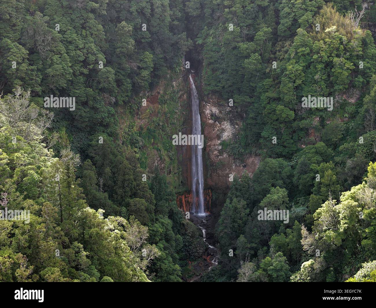 Blick aus der Vogelperspektive auf den Wasserfall Cascata da Ribeira Quente, der von dichten grünen Wäldern und üppiger Vegetation umgeben ist, Stockfoto