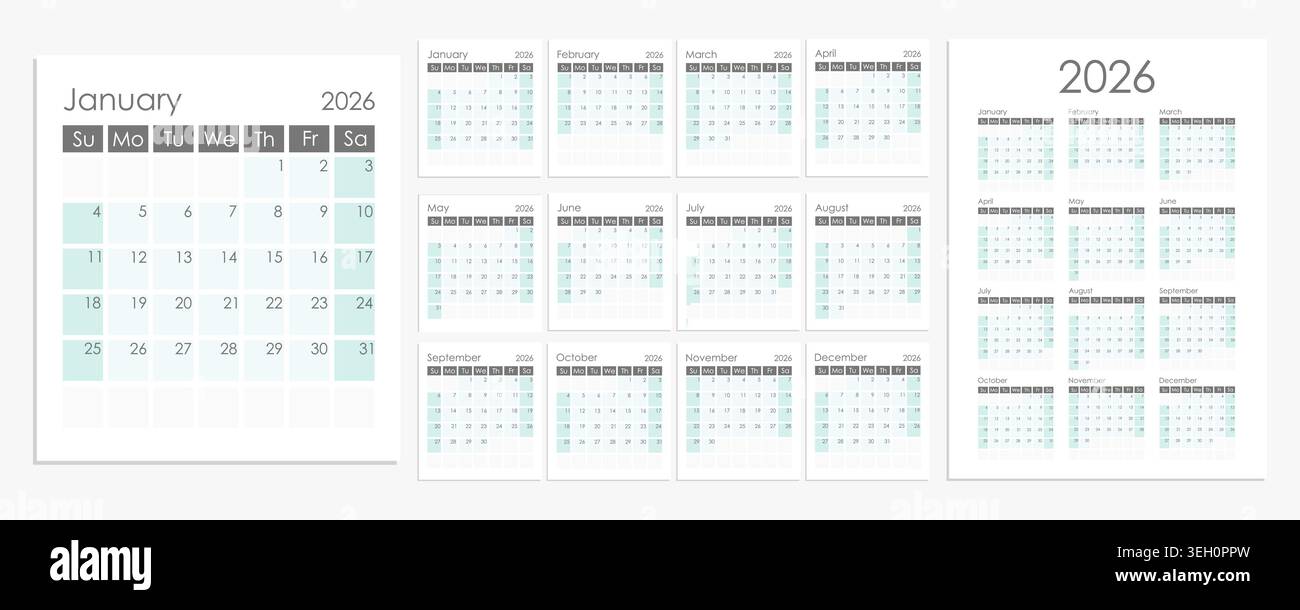 2026 Vorlage für Kalender blau und weiß, Woche beginnt am Sonntag. Vektordesign. Stock Vektor