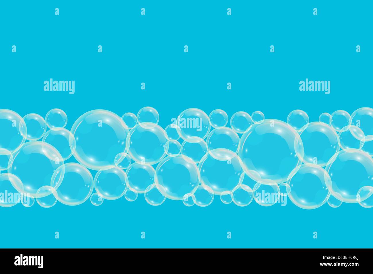 Seifenblasen auf blauem Hintergrund. Streifen aus transparenten Blasen. Vektordesign. Stock Vektor