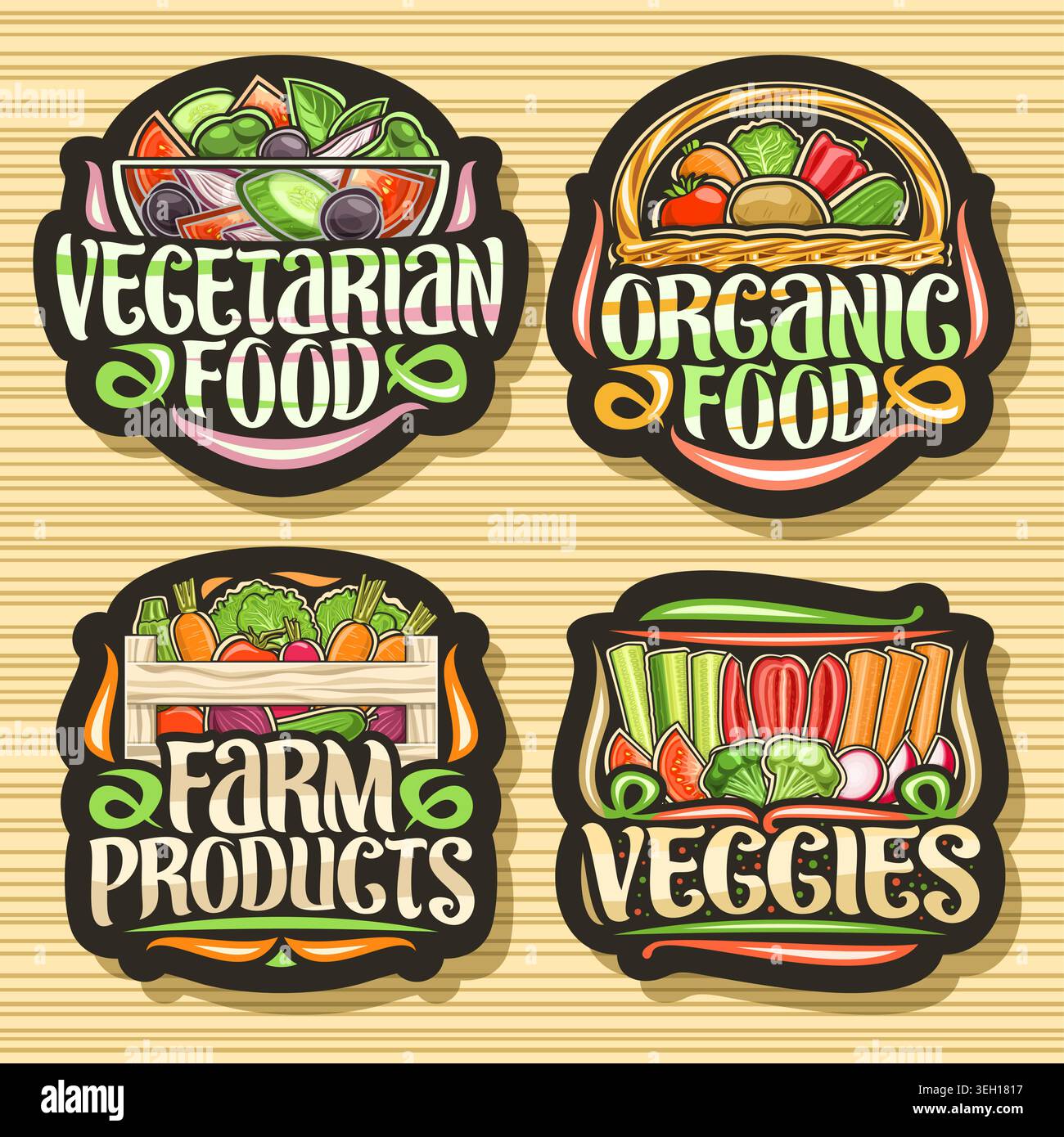 Vektor-Set für Bio-Lebensmittel, schwarzes Schild mit Illustration von rohem gemischtem Bio-Gemüse für gesunde Ernährung, dekoratives Marketing-Zeichen boa Stock Vektor