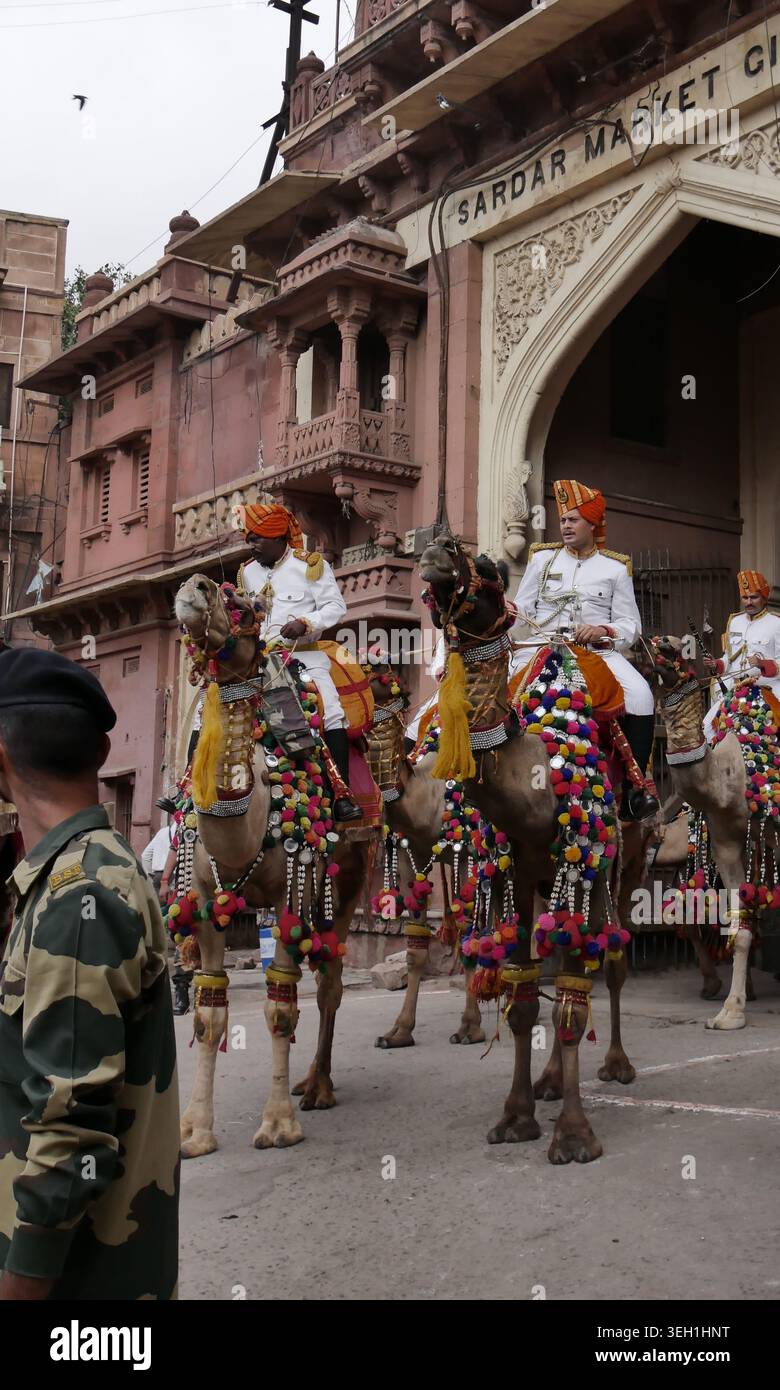 Jodhpur, Rajasthan, Indien - 6. Oktober 2025 : Kamelreiter parade vor dem Tor des Sardar Market für das Marwar Festival Stockfoto