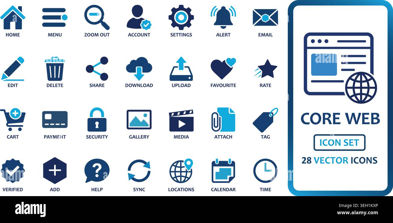 Professionelle Sammlung von 28 flachen Vektorsymbolen in dunklen und hellblauen Tönen. Enthält wichtige Navigations- und E-Commerce-Symbole. Ideal für Stock Vektor