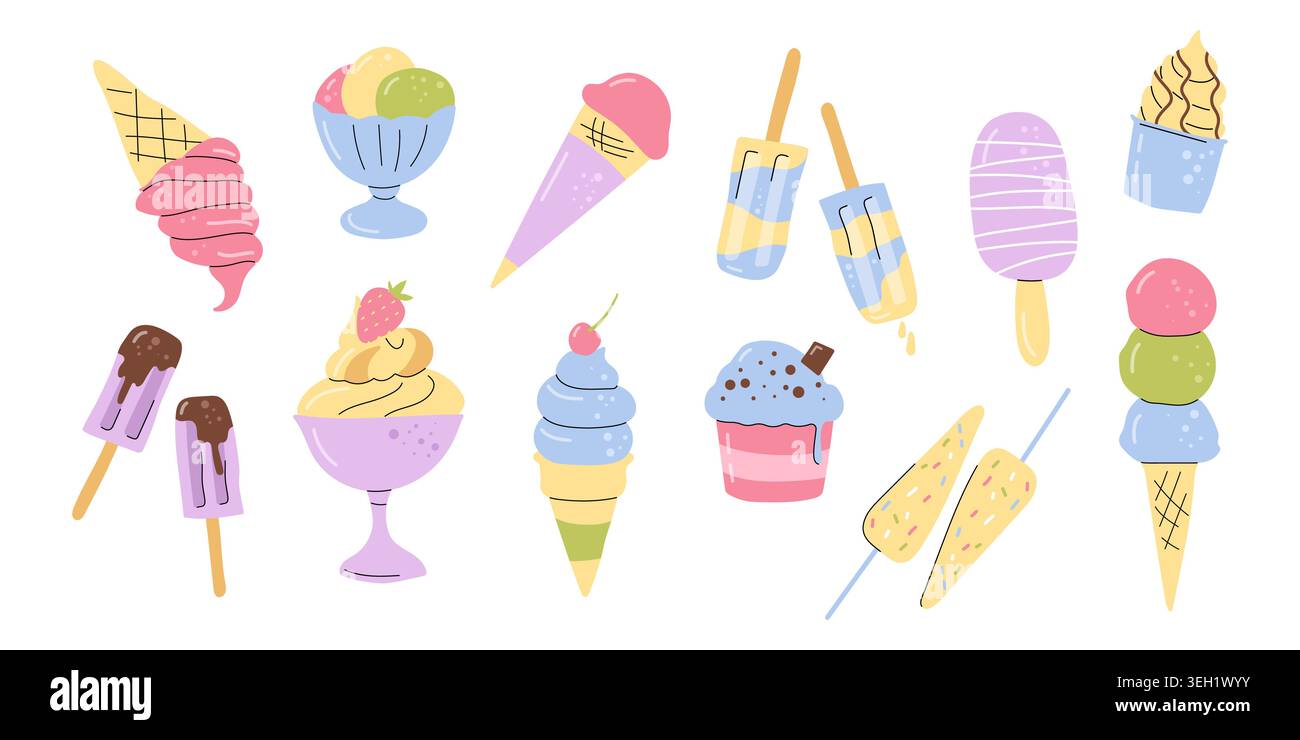 Set von verschiedenen Eislöffeln und Eis auf weißem Hintergrund Vektor Stock Vektor