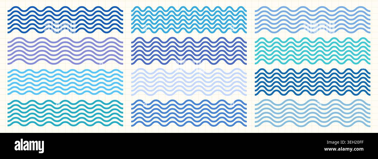 Blaue Ozean Wellenlinien Grenzen Vektor Set, Wiggly parallele Meer Wasser Wellen für Sommer Strand Designs Stock Vektor