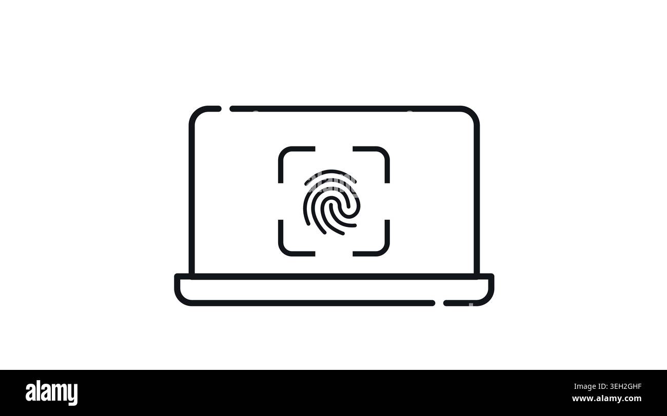 Biometrisches Laptop-Sicherheitssymbol: Tragbarer Notebook-Computer mit Fingerabdruckscanner auf dem Bildschirm, minimalistische schwarze Linien-Vektor-Illustration für Ident Stock Vektor