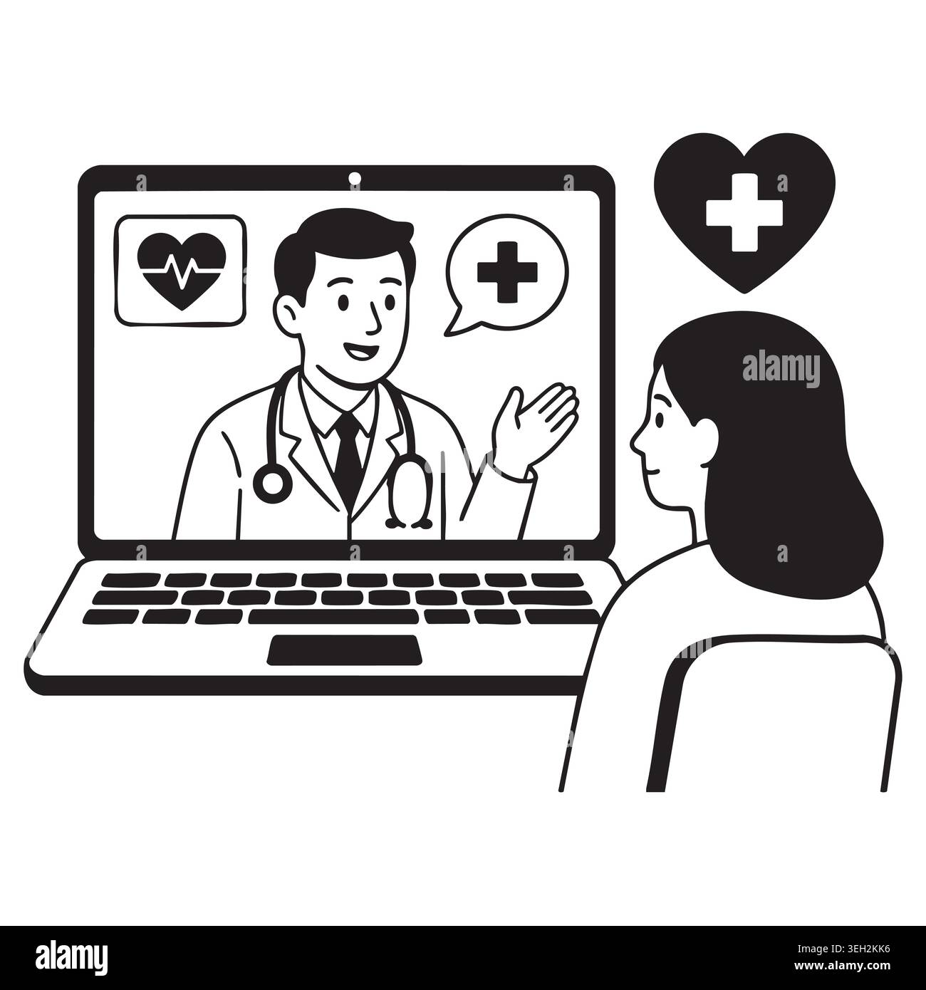 Online-medizinische Beratung mit männlichem Arzt auf Laptop-Bildschirm sprechen mit weiblichen Patienten über Gesundheitscheck Unterstützung Telemedizin Klinik App dünn lin Stock Vektor
